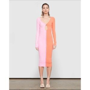 Atoir Pink Orange Colorblocked Saturn Dress Cocktail Long Sleeve Midi Bodycon